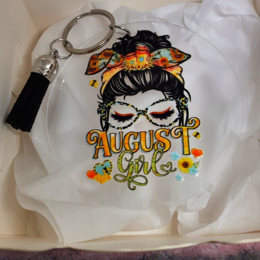 7/$10 August Girl Acrylic Keychain with Tassel, New
